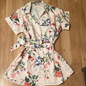 SHEIN cream button down floral collared dress with belt from L